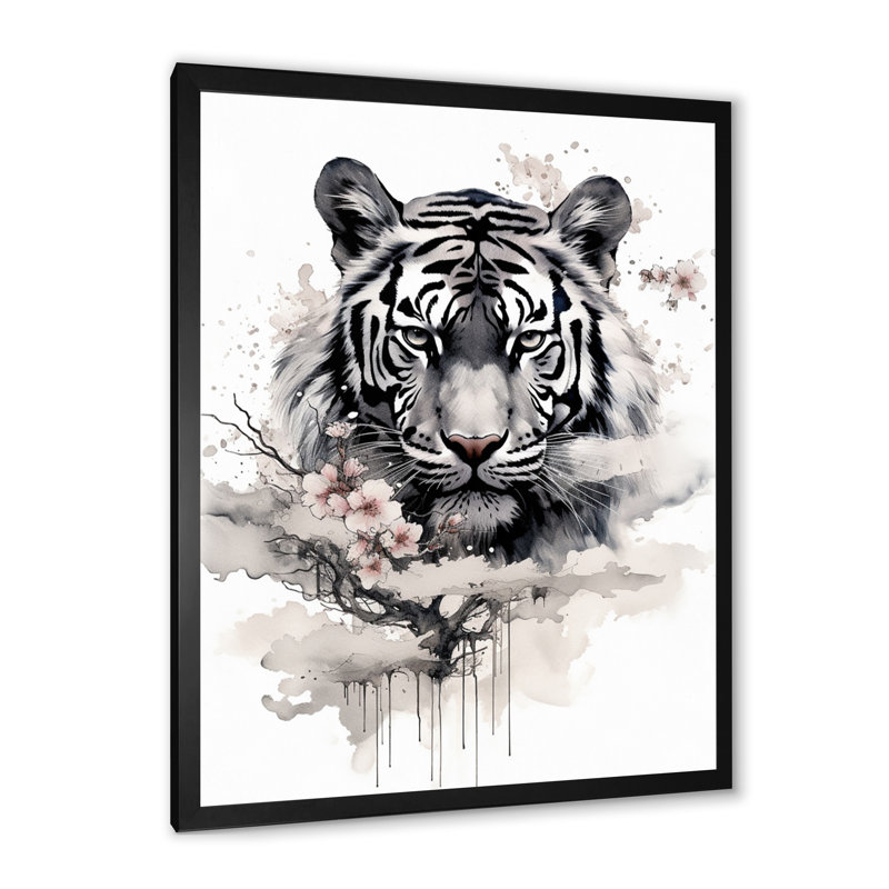 Asian Asian Tiger Sumi sur impression sur toile, Cadre photo noir, H 20 po x l 12 po x P 1 po
