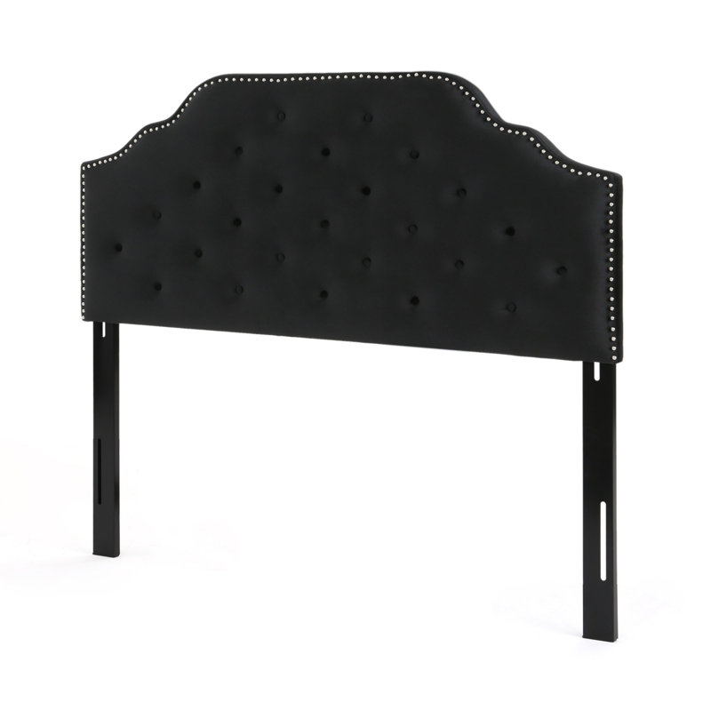 Button tufted design headboard with nailhead trim, Velvet, Black, Queen