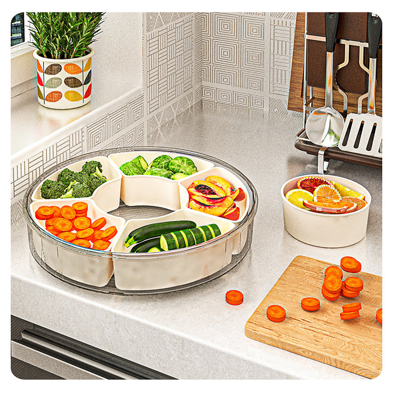 Plateau à fruits rotatif à 6 compartiments avec couvercle, plateau de service en plastique transparent pour les collations et les fruits