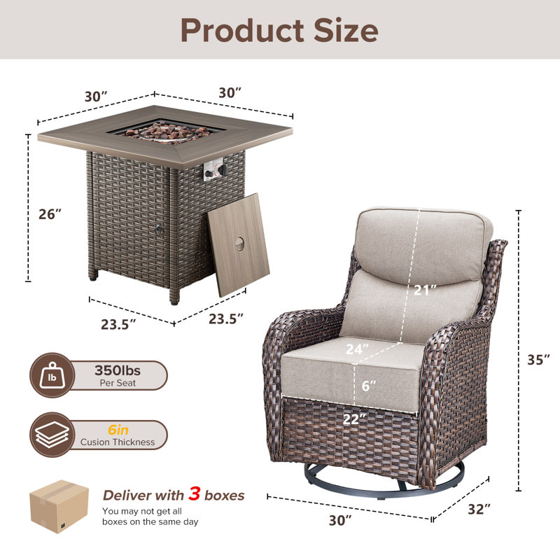 4 - Person Patio Furniture Chair Set With Fire Pit Table, 4 Swivel Glider Chairs With 6-Inch Cushions, Beige, Brown