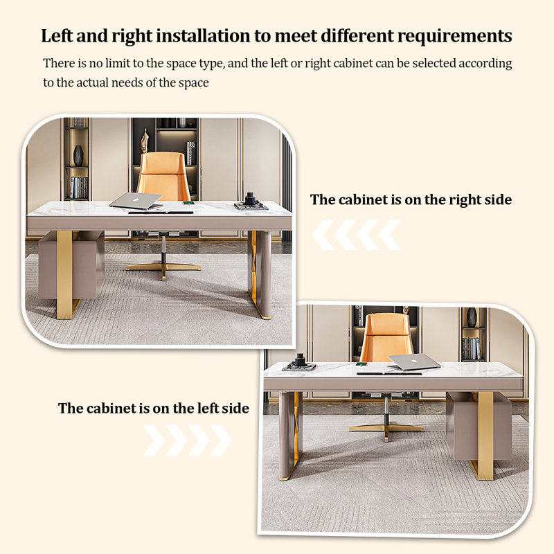 Beige Rectangular Sintered Stone Desk,5-Solid Wood drawer