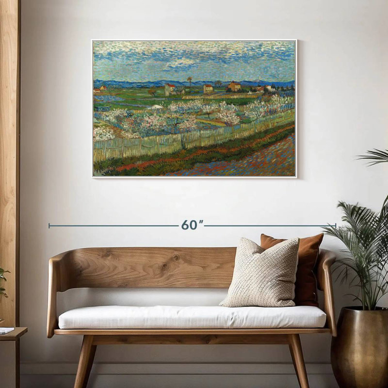 Pêcher en fleur, 43 po x 29 po, Cadre flottant blanc