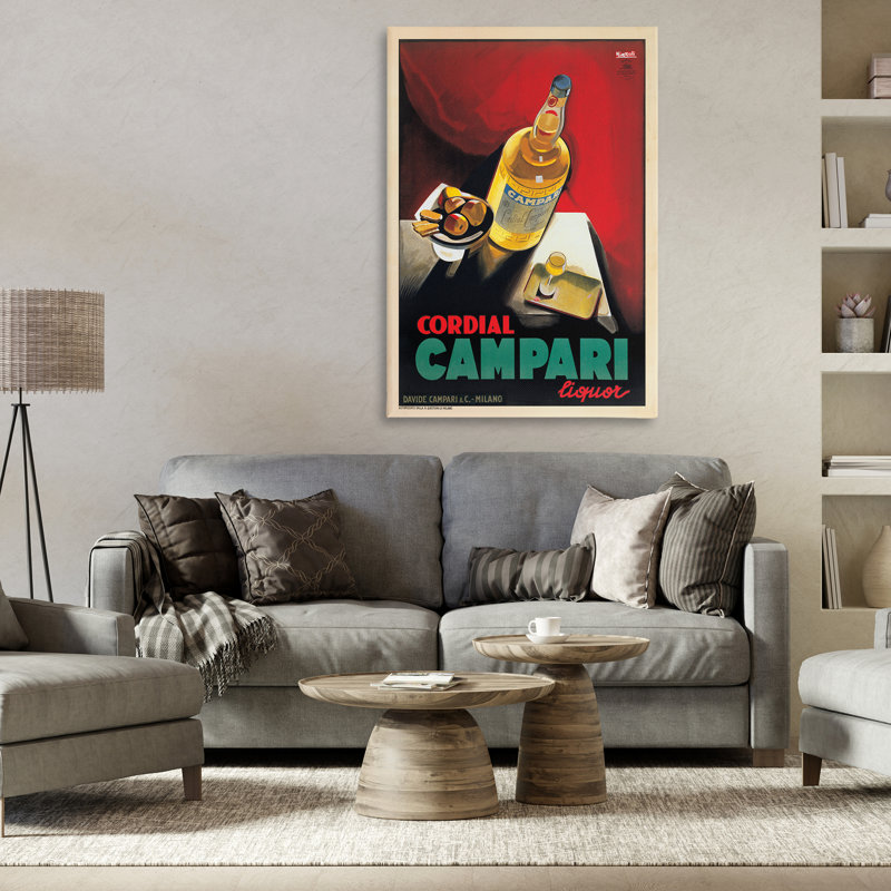 Art mural antique sur toile liqueur Compari, design par Marcello Nizzoli, H 45 po x l 30 po