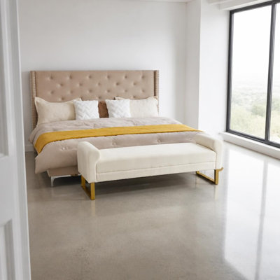 Très grand banc de repose-pieds rembourré avec accoudoirs, assise de bout de lit longue parfaite, banc rembourré polyvalent, pieds en métal robustes, assise en tissu doux