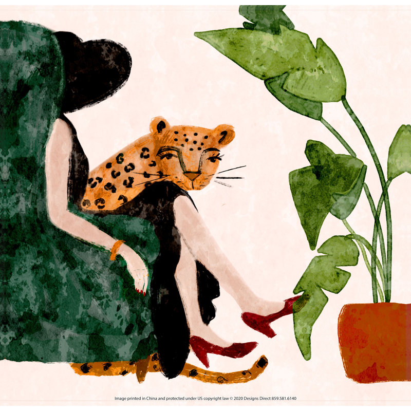 Femme et guépard - peinture sur toile tendue, H 32 po x l 48 po
