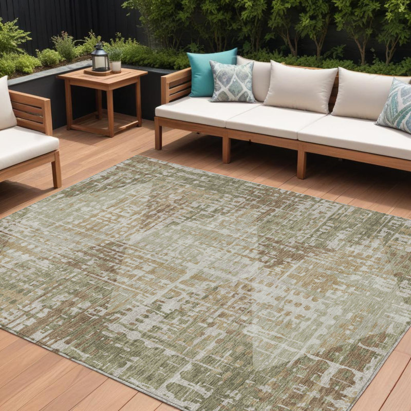 Tapis extérieur lavable à motif géométrique vert et beige 9 'X 12'