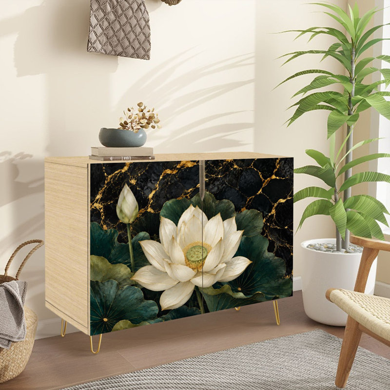 Buffet Buffet avec rangement Élégante fleur de lotus blanche à feuilles vertes et or noir avec 2 portes pour le salon et la cuisine