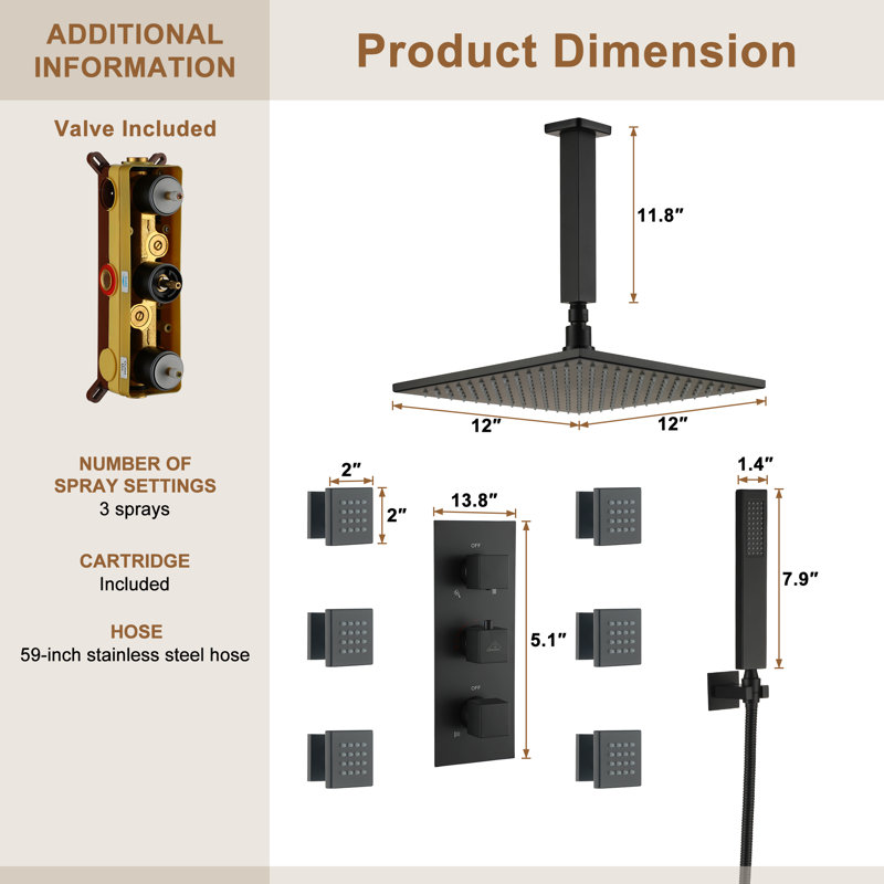 3-Function Luxury Ceiling Mount 12 Inch LED Thermostatic Shower System with 6 Body Jets, Matte Black