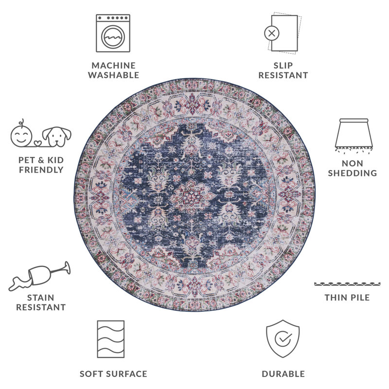 Pashen Performance Machine Washable Oriental Rug, Round 6'