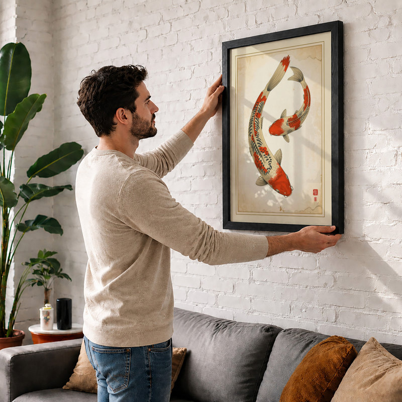 Twin Koi Dance Japandi - Framed Print, A1 - 84.1 x 59.4 cm, Walnut