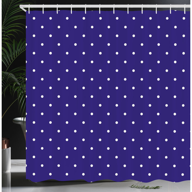 Navy Blue Polka Dot Fabric Shower Curtain with Hooks