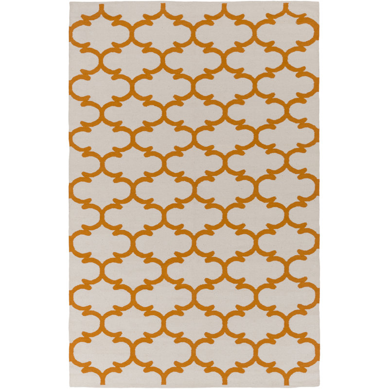 Tapis zone ivoire/orange en coton handwoven à tissage plat Ayles, Rectangle 5 pi x 7 pi 6 po