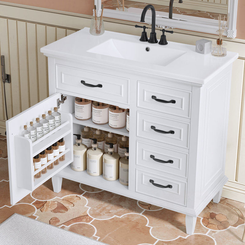 Meuble-lavabo de salle de bain avec lavabo, tiroirs rabattables et tablette réglable, Blanc