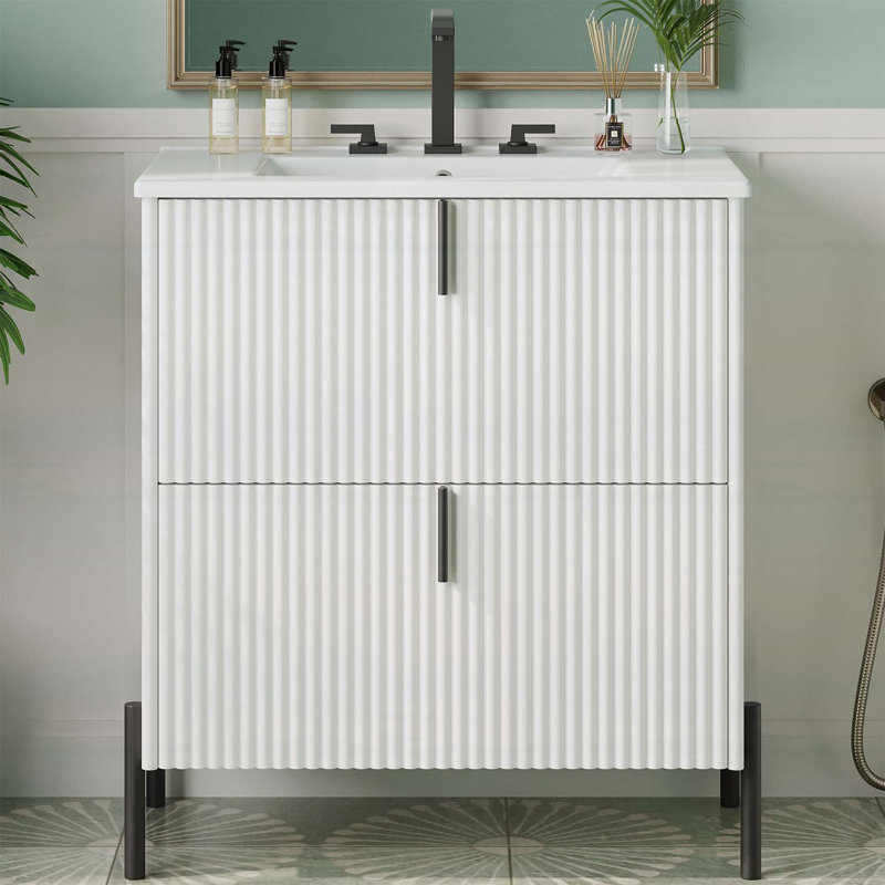 Meuble-lavabo de 30 pouces avec lavabo en céramique, conception cannelée et tiroirs à fermeture en douceur, Blanc/Noir