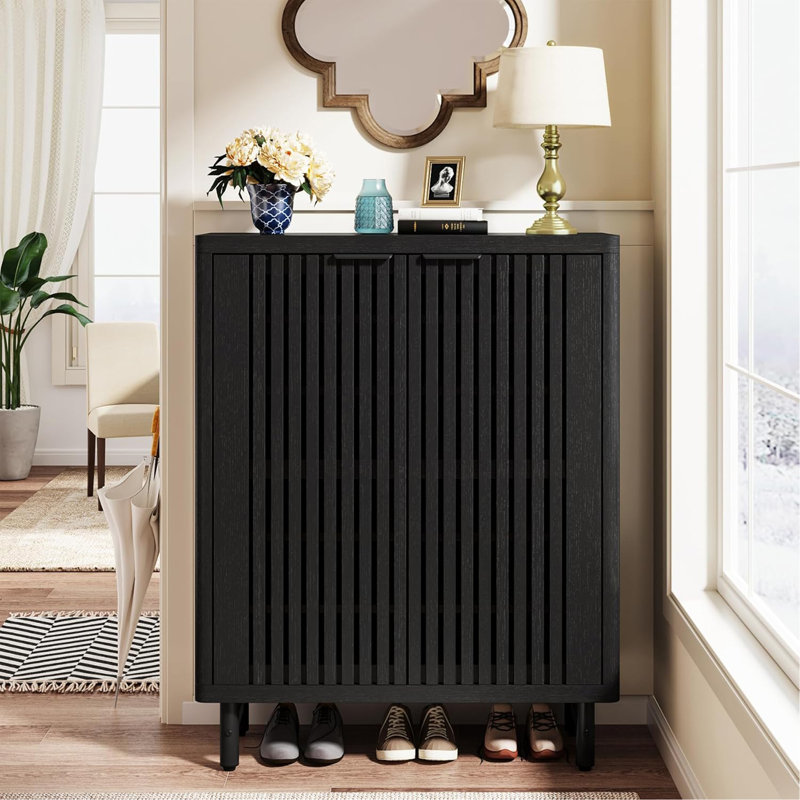 Armoire à chaussures moderne en bois à 6 niveaux avec portes à persiennes, Noir