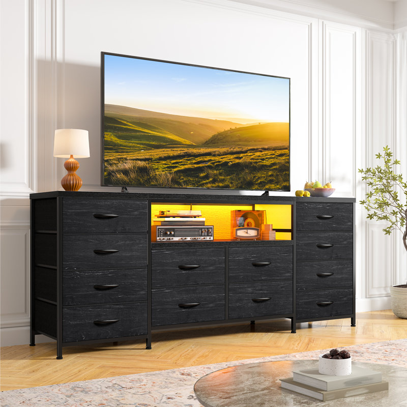 Meuble télé 63 po avec commode 12 tiroirs en tissu pour la chambre à coucher, commode longue avec lumières DEL et prises de courant