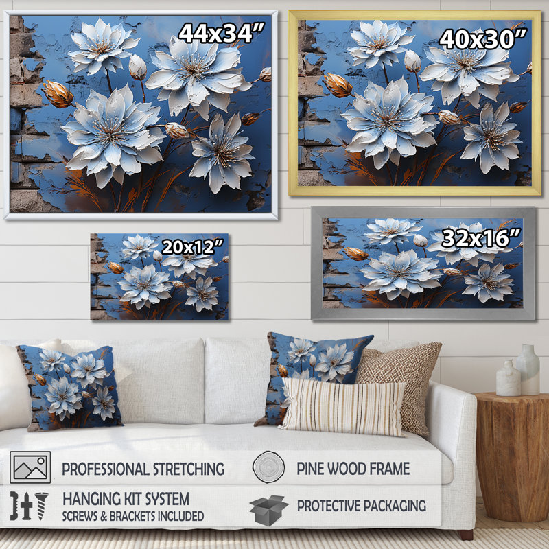 Impression moderne sur bleu et blanc de bleuet moderne sur toile, Cadre naturel flottant, H 12 po x l 20 po x P 1 po