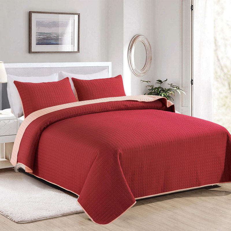 Ensemble de courtepointe réversible en microfibre 3 pièces A-QSM072020001, Courtepointe pour grand lit + 2 taies décoratives
