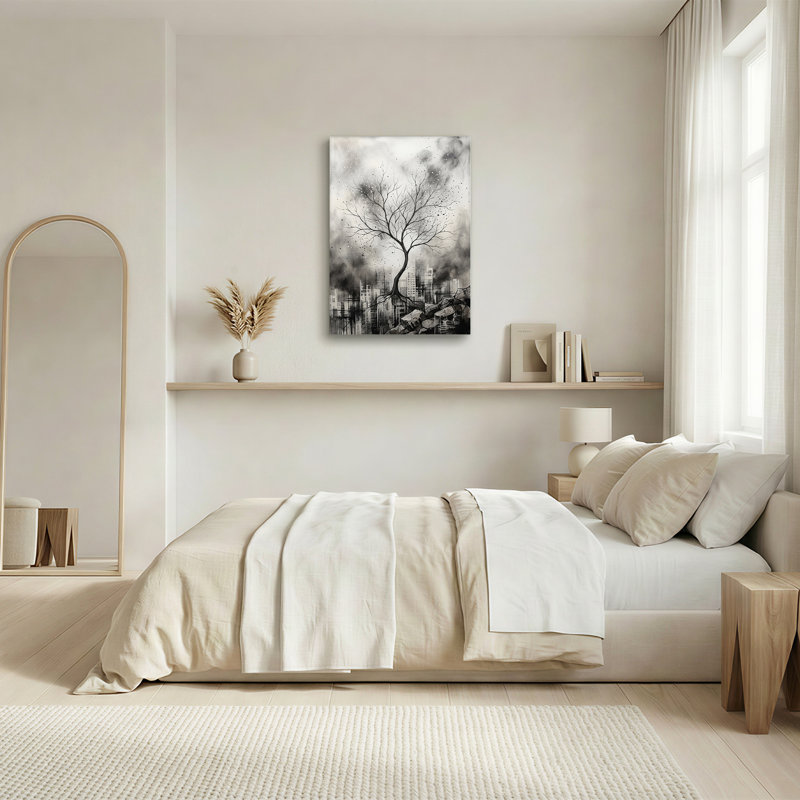 Black And White Ink Wash Bare Tree Over Abstract City Canvas Wall Art, 30"H x 20"W