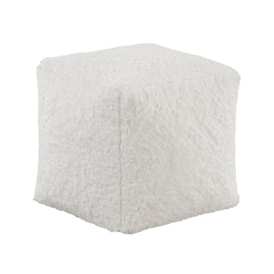 Modern Square Pouf Off-White Faux Fur Fabric Upholstered Ottoman, Footstool, Non-Slip Floor Pouf, Bean Bag Chair, 1Pc Sitting Pouf