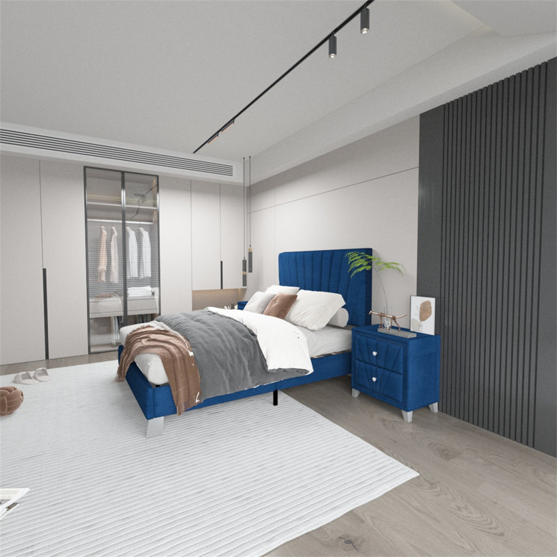 Ensemble de chambre avec lit plateforme 2 pièces Aisya, Bleu