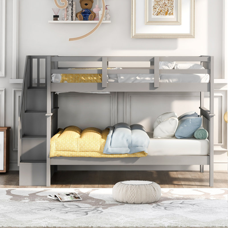 Stairway Bunk Bed with Storage, Guard Rail & Convertible Frame for Bedroom or Dorm, Gris, Simple sur simple