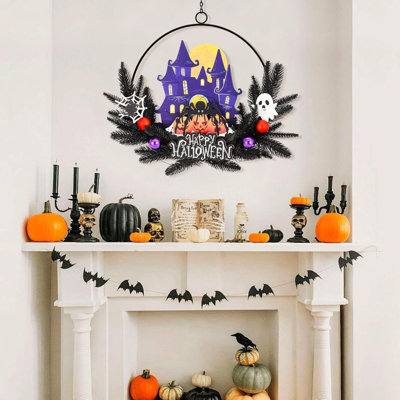 Couronne d'Halloween pré-illuminée pour la porte d'entrée, araignée lumineuse avec 6 h allumée/18 h éteinte | construction robuste en métal et en bois, fonctionnement sans fil sur piles et crochet inclus pour une suspension facile.