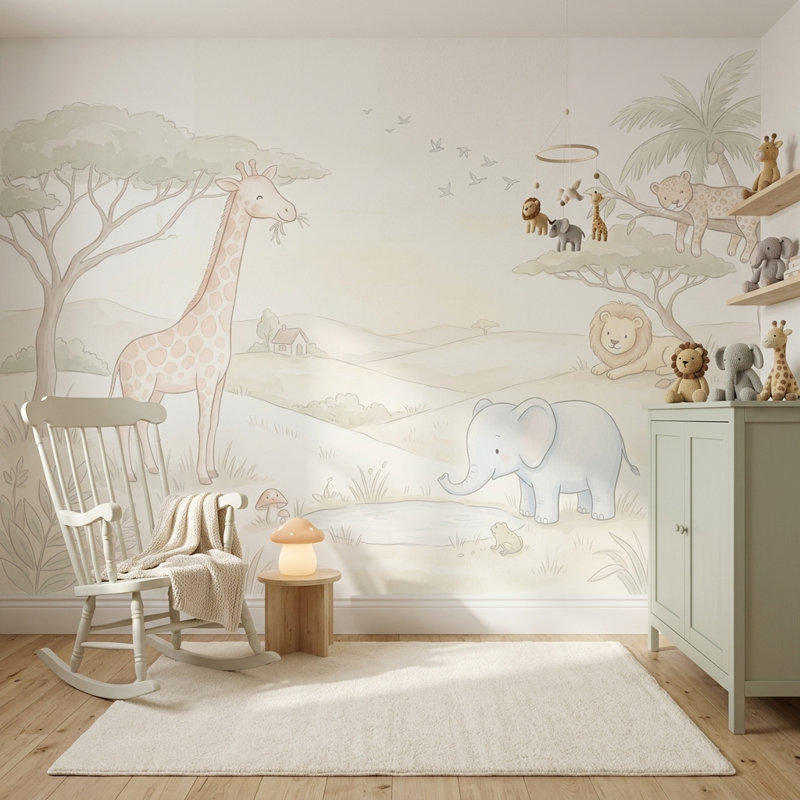 Papier peint safari, décoration murale pastel amovible, 120 po x 96 po, Peler et coller