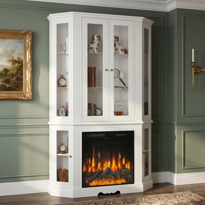77" H Corner China Cabinet With Electric Fireplace, Freestanding Curio Display Cabinet