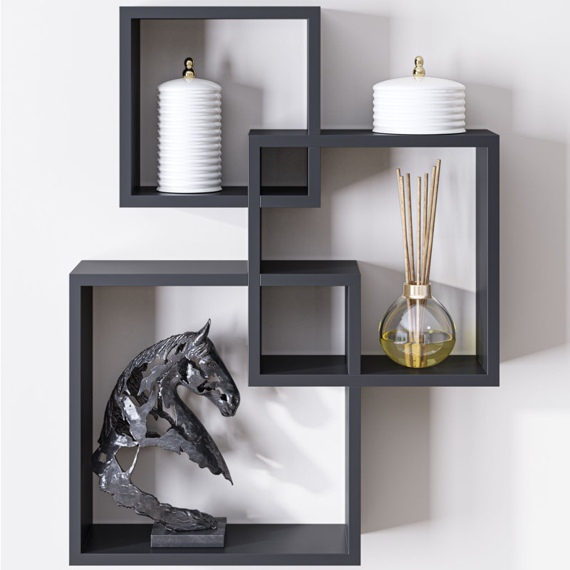 Extense Interlocking 3 Piece Square Floating Wall Shelf, Black