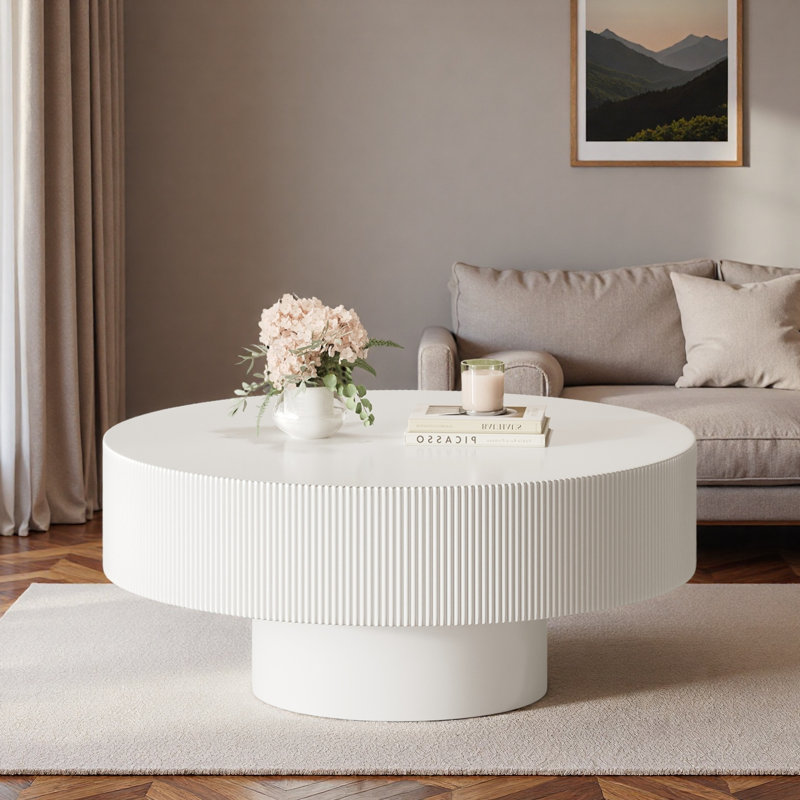 Modern Round Coffee Table With Edge Grooves, Thick Tabletop And Sturdy Base, Blanc