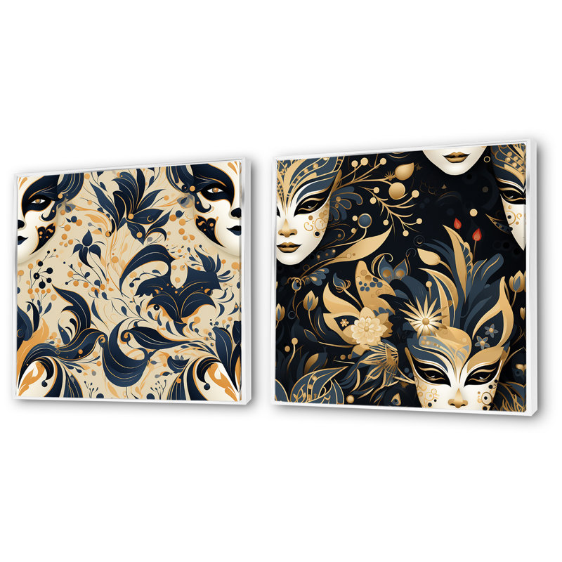 Motif doré Venice Masquerade II - ensemble de 2 décorations murales abstraites, Cadre blanc, H 30 po x l 61 po x P 1 po