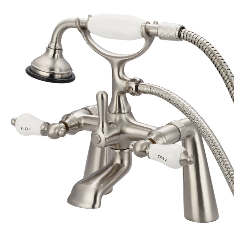 Stonington 3 Handle Deck Clawfoot Tub Faucet, Hot and Cold Labeled Porcelain Lever Handles, Brushed Nickel