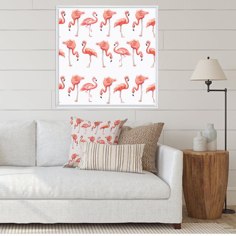 Flamant rose, croquis, H 16 po x l 16 po x P 1 po, Cadre flottant blanc