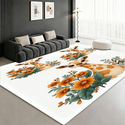 Tapis fantaisiste à motif floral girafe, motif floral animal mignon, tapis moelleux antidérapant durable et lavable à la machine, décoration intérieure élégante pour salon, chambre à coucher, dortoir, appartement