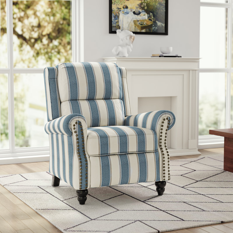   Ameiah Upholstered Farmhouse Manual Push Back Recliner with Solid Wood Legs, Stripe Navy