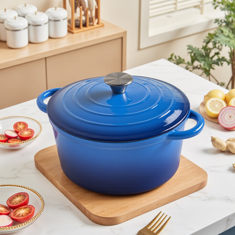 Living And Home Cast Iron Round Dutch Oven, Blue, 5 litres