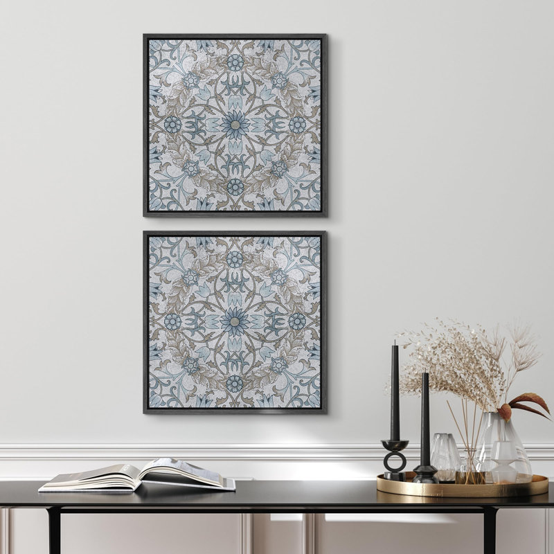 Classical Flowers " Blue Floral And Botanical Collage Abstract Flowers " 2 - Pieces, Black Floater Framed, 16" H x 16" W