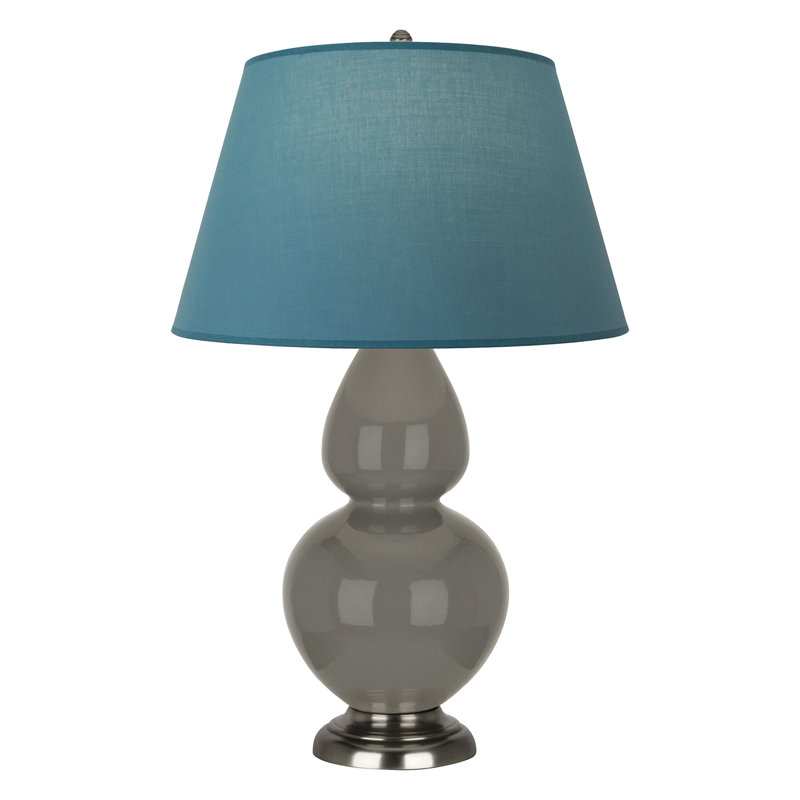 Lampe de table double gourde en céramique, Bleu vif / gris, Frêne verni / argent antique, Argent argent