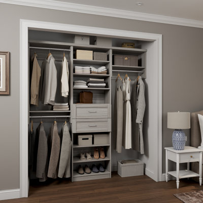 Grey Oak  58.5" Floor-Mounted Single Wall Closet System with 3 Sections, 3 Clothing Rods, 8 Shelves & 2 Shaker Drawers