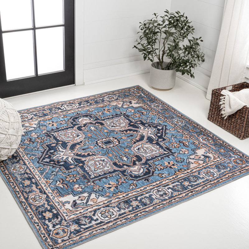 Huddleston Ornate Large Medallion Machine-Washable Blue/Beige Rug, Square 5'3"