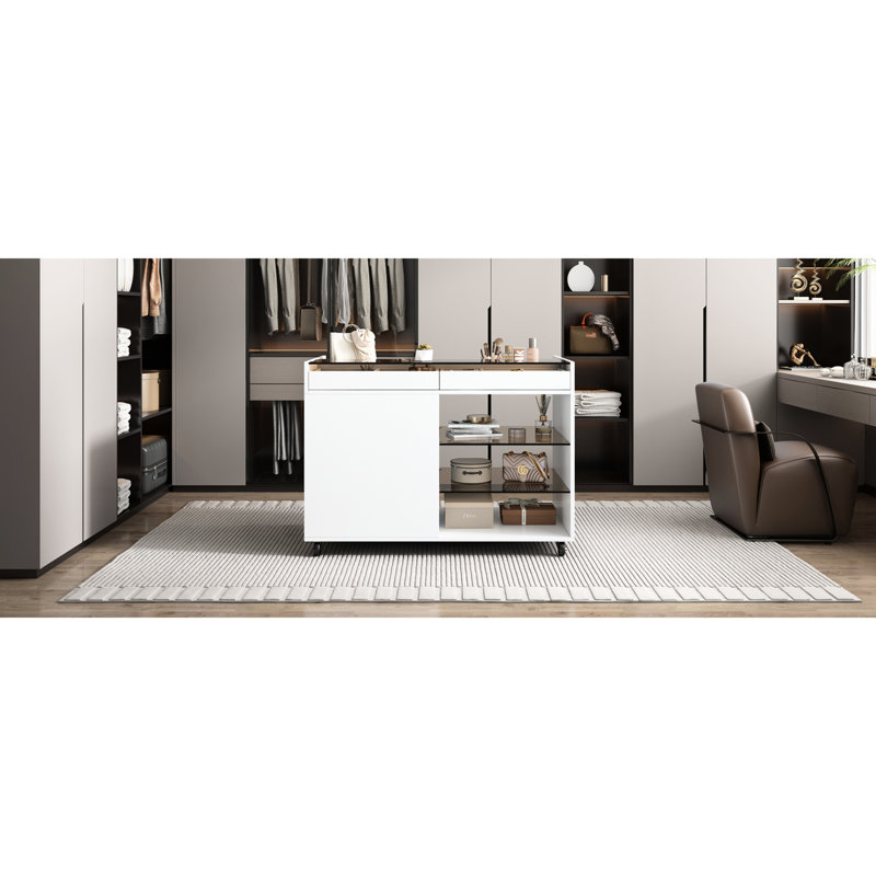 Îlot de rangement multifonctionnel blanc avec 3 tiroirs latéraux et 2 tablettes en verre blanc contemporain pour sacs à main