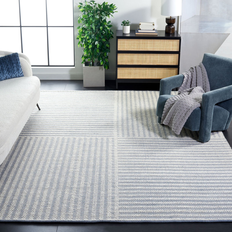 Deloera Hand Woven Wool/Cotton Striped Rug in Gray/Ivory, Rectangle 8' x 10'