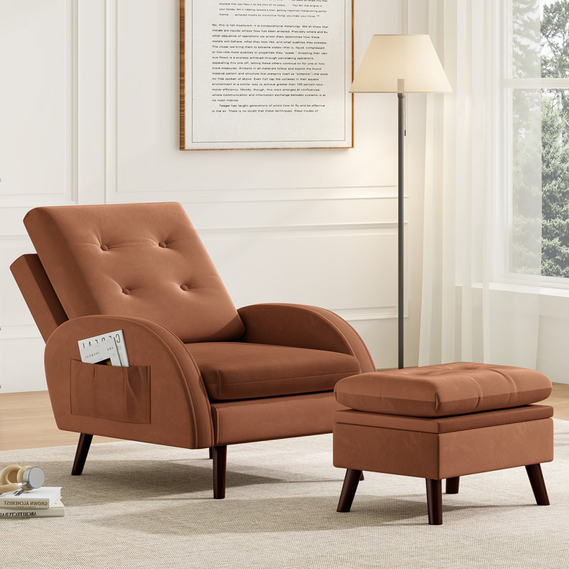 Upholstered Accent Chair And Ottoman, With 6 Level Adjustable Backrest, Breown Velvet