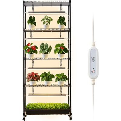 Plant Shelf With Grow Light, 6-Tier Indoor Plant Stand, 71 In Tall Plants Display Rack With Wheels & 4/9/14H Timer, 80W T5 LED Full Spectrum Grow Lights, Flower Pot Holder For Seed Starting