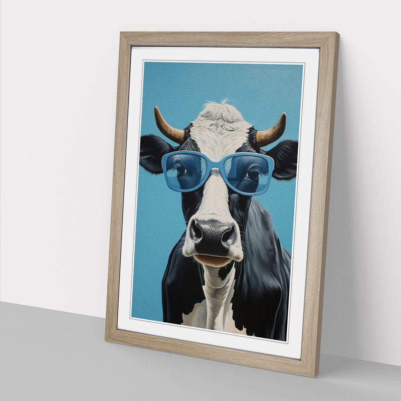 Cow With Glasses No.2 - Single Picture Frame Print on Wood, Oak, 64cm H x 46cm W x 2cm D