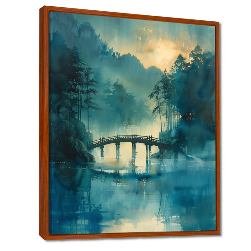 Bleu, bleu, printemps, eau, bord, pont, ponts, art mural, salon, H 32 po x l 24 po x P 1 po, Métal métal