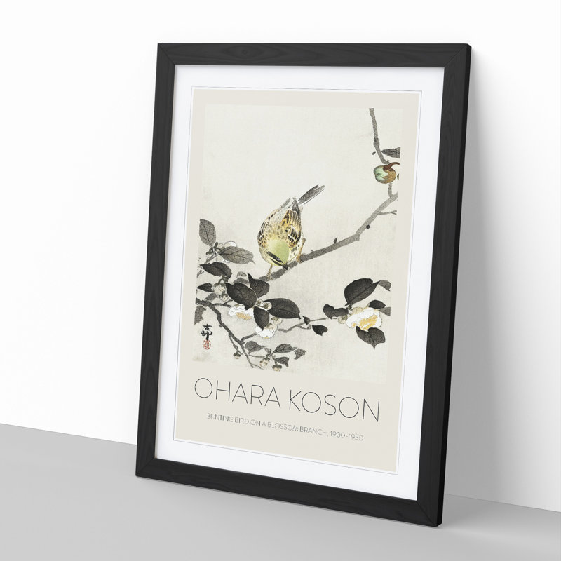 Bunting Bird on a Blossom Branch by Ohara Koson - Picture Frame Art Prints, 36cm H x 27cm W x 2cm D, Black