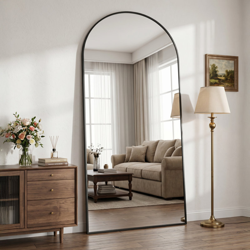 Miroir surdimensionné arqué en métal surdimensionné, Noir, 78 po x 38 po