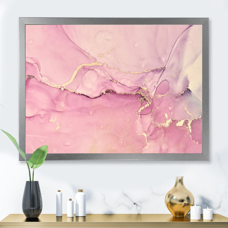 «Pink Marble Waves II», peinture sur toile, H 16 po x l 32 po x P 1 po, Cadre photo argenté